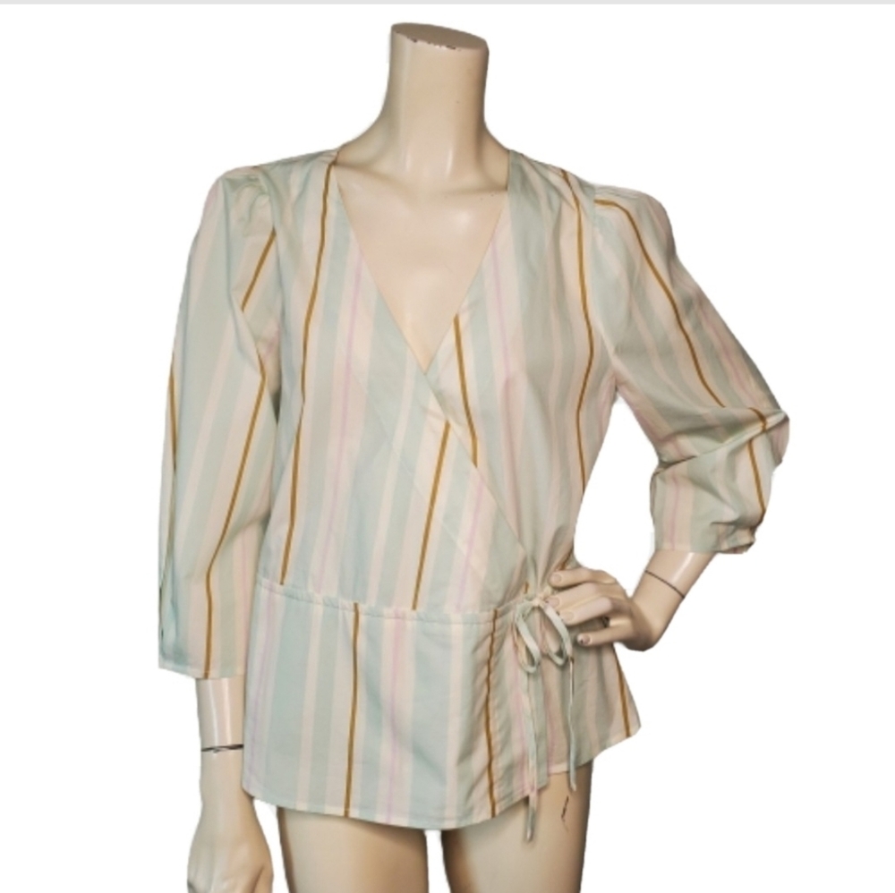 A New Day Top M Mint Green Stripe V-Neck Casual Wrap 3/4 Sleeve Cotton